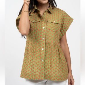 IVY JANE Green & coral floral embodoriered Eyelet peplum Shirt Jacket size S/M